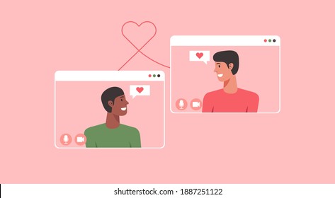online dating concept, LGBT couple chatting via video call with long distance relationship and virtual love on social networking, flat vector illustration