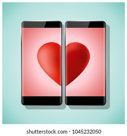 Online dating concept Love has no boundaries with two smartphones matching red heart on screen , vector , illustration