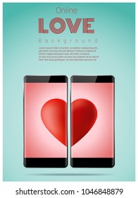 Online dating concept Love has no boundaries with two smartphones matching red heart on screen , vector , illustration