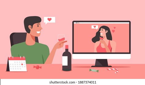 online dating concept, man character video calling to his girlfriend via on computer and staying at home with long distance relationship and virtual love, flat vector illustration