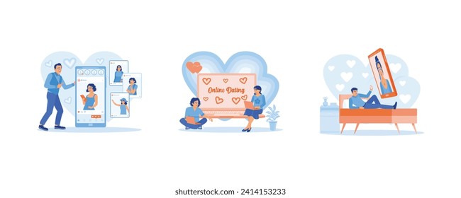 Online Dating concept. A man chatting with a female friend on a smart phone screen and sending love messages to their partner, and a man talking to a female friend on a mobile phone screen. 