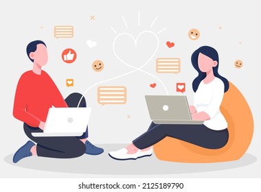 Online dating concept. Man and girl texting on laptops. Modern technologies and communication on Internet, social networks and instant messengers. Romantic date. Cartoon flat vector illustration