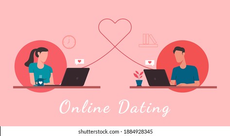 online dating concept, man and woman character chatting via video call on laptop with long distance relationship and virtual love, flat vector illustration