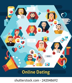 Online dating concept with people avatars and virtual love symbols vector illustration