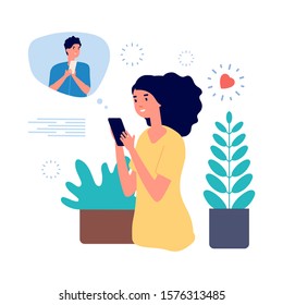 Online dating concept. Pretty girl using romantic app cellphone. Young woman looking boyfriend and messaging with guy. Isolated female character with phone vector illustration