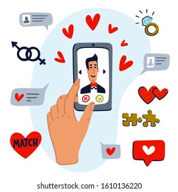 Online dating concept. set of dating app icons, and hand swiping pictures on the phone screen. Mobile phone application. Flat style vector illustration.