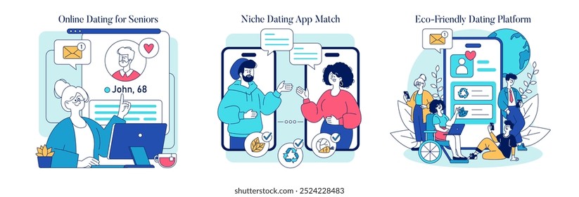 Online Dating Concept set. Connecting singles across generations and interests through diverse digital platforms. Seniors, niche interests, and eco-conscious matches. Vector illustration.