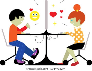 Online dating concept shown as young man and woman exchanging messages on computer, sitting at desk