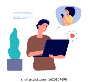 Online dating concept. Single man looking internet romance. Isolated flat guy with computer send message virtual girlfriend. Social network or finding partners vector illustration