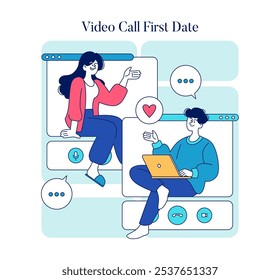 Online Dating concept. Two individuals share a heartwarming connection on their first date through a video call, exploring modern romance. Flat style vector illustration.