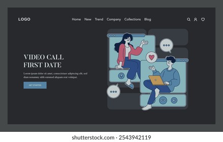 Conceito de Encontros Online. Dois indivíduos se conectam via vídeo call para um primeiro encontro romântico. Comunicação virtual em relações modernas. Ilustração vetorial.