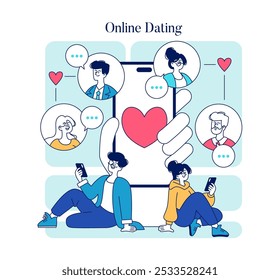 Online Dating concept. Two people engage in romance through a digital app amidst floating profiles and chat bubbles. Connection in the age of technology. Vector illustration.