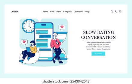 Online dating concept. Two people engage in thoughtful messaging over a dating app, promoting deep connections. Leisure, communication, modern relationship. Vector illustration.