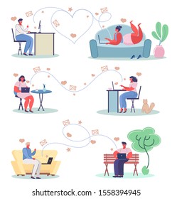 Online dating concept vector flat illustration set, romantic couples communicating texting love messages using laptop computers. Homosexual relationship.
