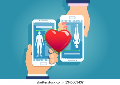 Online dating concept. Vector of a male and female hands holding smartphones matching their social media mobile app profiles with red heard connecting them 