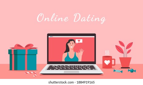 online dating concept, woman character chatting via video call on laptop, long distance relationship and virtual love, flat vector illustration