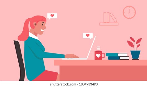 online dating concept, woman character chatting on laptop computer and staying at home with long distance relationship and virtual love, flat vector illustration