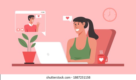 online dating concept, woman character video calling to her boyfriend via on laptop and staying at home with long distance relationship and virtual love, flat vector illustration