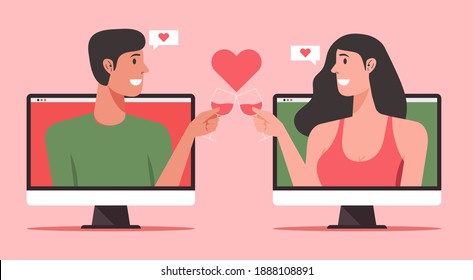 Online dating concept, young couple cheer with glass of wine on computer. long distance relationship and virtual love concept, flat vector illustration