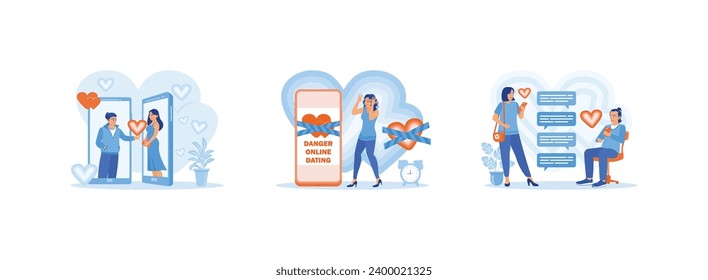 Online Dating concept. Young couple using online dating app. The dangers of online dating. Send and read messages to each other in text bubbles. Set Trend Modern vector flat illustration