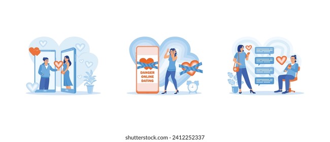 Online Dating concept. Young couple using online dating app. The dangers of online dating. Send and read messages to each other in text bubbles. set flat vector modern illustration 