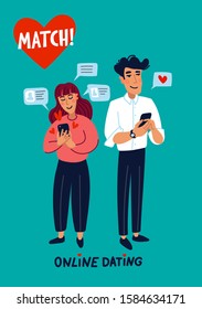 Online dating concept. Young man and woman searching for love with a Mobile phone application. Flat style vector illustration