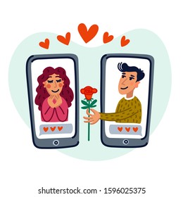 Online dating concept. Young man and woman searching for love with a Mobile phone application. Flat style vector illustration