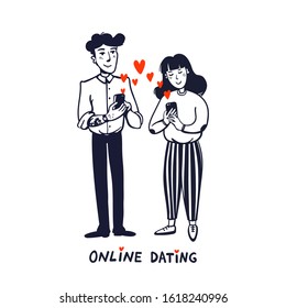 Online dating concept. Young man and woman searching for love with a Mobile phone application. Doodle style vector illustration on white background