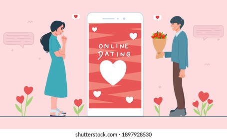 online dating concept. young man and woman dating on mobile application. with chat bubbles. Man holding flower bouquet. Valentines card. vector illustration flat design