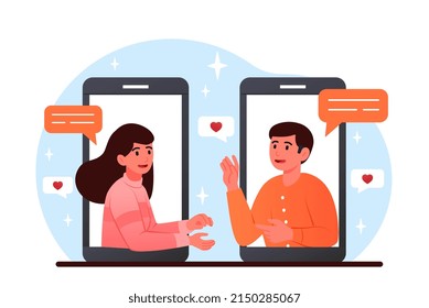 Online dating concept. Young man and woman look out of smartphones and communicate. Remote romantic meeting in dating app. Couple in love talking via video link. Cartoon flat vector illustration