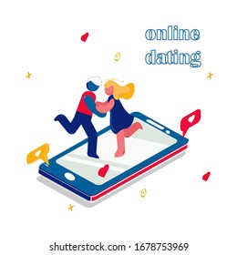 Online dating concept.Couple Having an Online Romance.Two teenagers were love on chat online. website app, Social media and relationships concept. 3D isometry vector