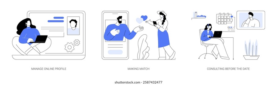 Online dating consultant isolated cartoon vector illustrations set. Managing client profile, create attractive personality, making match with application, consulting before the date vector cartoon.