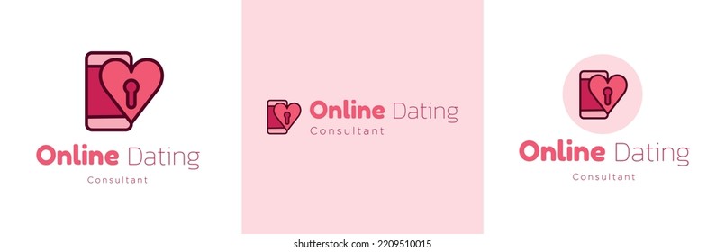 Online dating consultant logo design set, find love business symbol, relationship support emblem concept, romantic advice, help app chat, editable commercial logotype, virtual relation branding