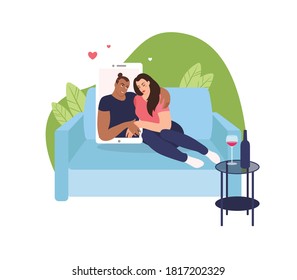 Online Dating of a couple of lovers. Long-distance relationships. Vector illustration on white background.