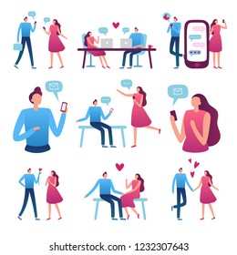 Online dating couple. Man and woman romantic meeting, perfect match internet dating chat and blind date service for flirting couples talking. Flirt app vector isolated icons illustration set