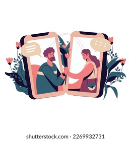 Online dating design elements phones couple communication sketch.