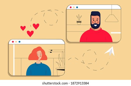 Online dating design.Love couple in computer  sent red hearts. Design for Valentine's day festival. Vector illustration. 