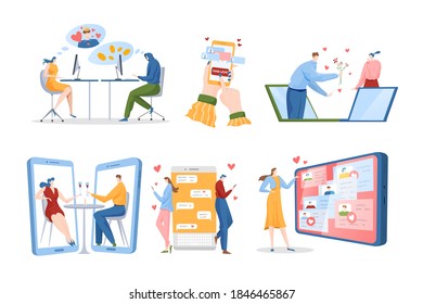 Online dating, distance love concept vector illustration set. Cartoon flat lover people meeting in video chat app, loving couple characters drink wine on virtual romantic phone date isolated on white