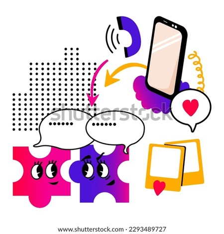Online dating.  Doodles. Chat, messaging, texting, call. Photo exchange, communication. Concept of Social networks. Dialogue or conversation. Abstract cute geometric elements. Vector illustration
