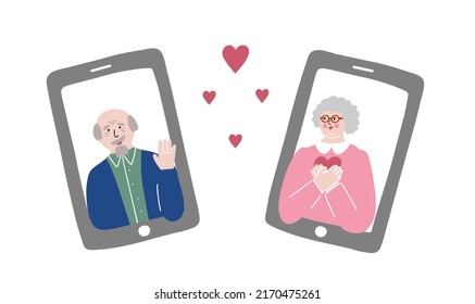 Online dating of elderly people concept. Mobile phone screens with grandmother and grandfather in love and hearts around. Online communication vector illustration, online technology design. 