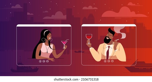 Online dating in a evening city at Sunset under Quarantine conditions and Isolation. Vector illustration for landing page mockup or flat design advertising banner.