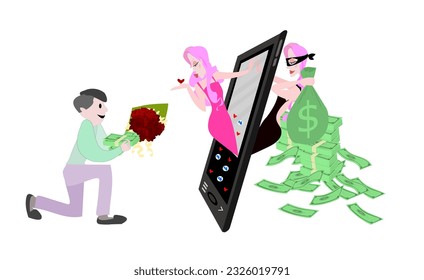 Online dating fraud concept.Thief girl promotes herself through social media programs, deceiving young people to love and willing to give them property. Cyber scam. Lovers mobile chat. Fake romance.