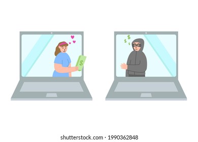 Online Dating Fraud. Scammer And Victim. A Woman In Love Gives Money To A Swindler Through The Laptop. Flat Illustration Isolated On White.