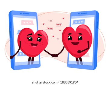 Online Dating. Hearts couple in love using smartphone for virtual romantic relations and communication. Quarantine date. Vector cartoon illustration.