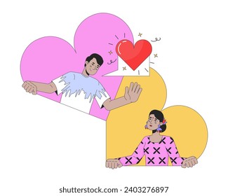 Online dating heterosexual couple 2D linear illustration concept. Indian sweethearts cartoon characters isolated on white. Long distance love hearts metaphor abstract flat vector outline graphic