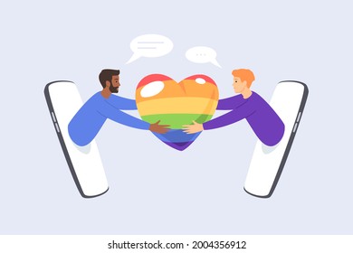 Online dating for homosexuals. Two gay guys reach for each other through the smartphone screen. LGBTQ couple hug the heart. Vector illustration isolated on white background