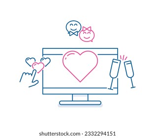 Online dating icon illustrations. Computer, heart and other online and offline romance related icons related with finding love online