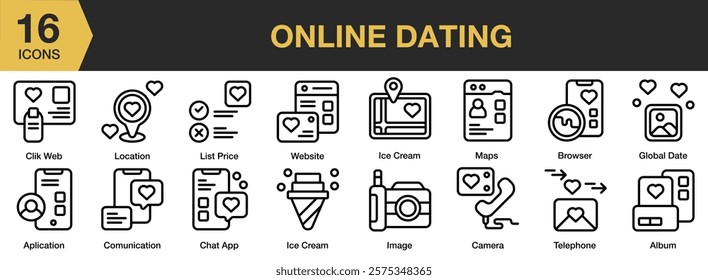 Online Dating icon set. Includes online, smartphone, app, communication, mobile, phone, and More. Outline icons vector collection.