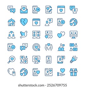 Online dating icons. Outline symbols. Vector blue line icons set