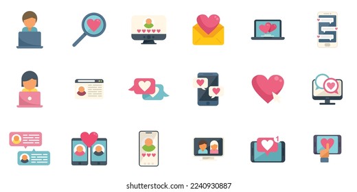 Online dating icons set flat vector. Couple dating. Love online isolated